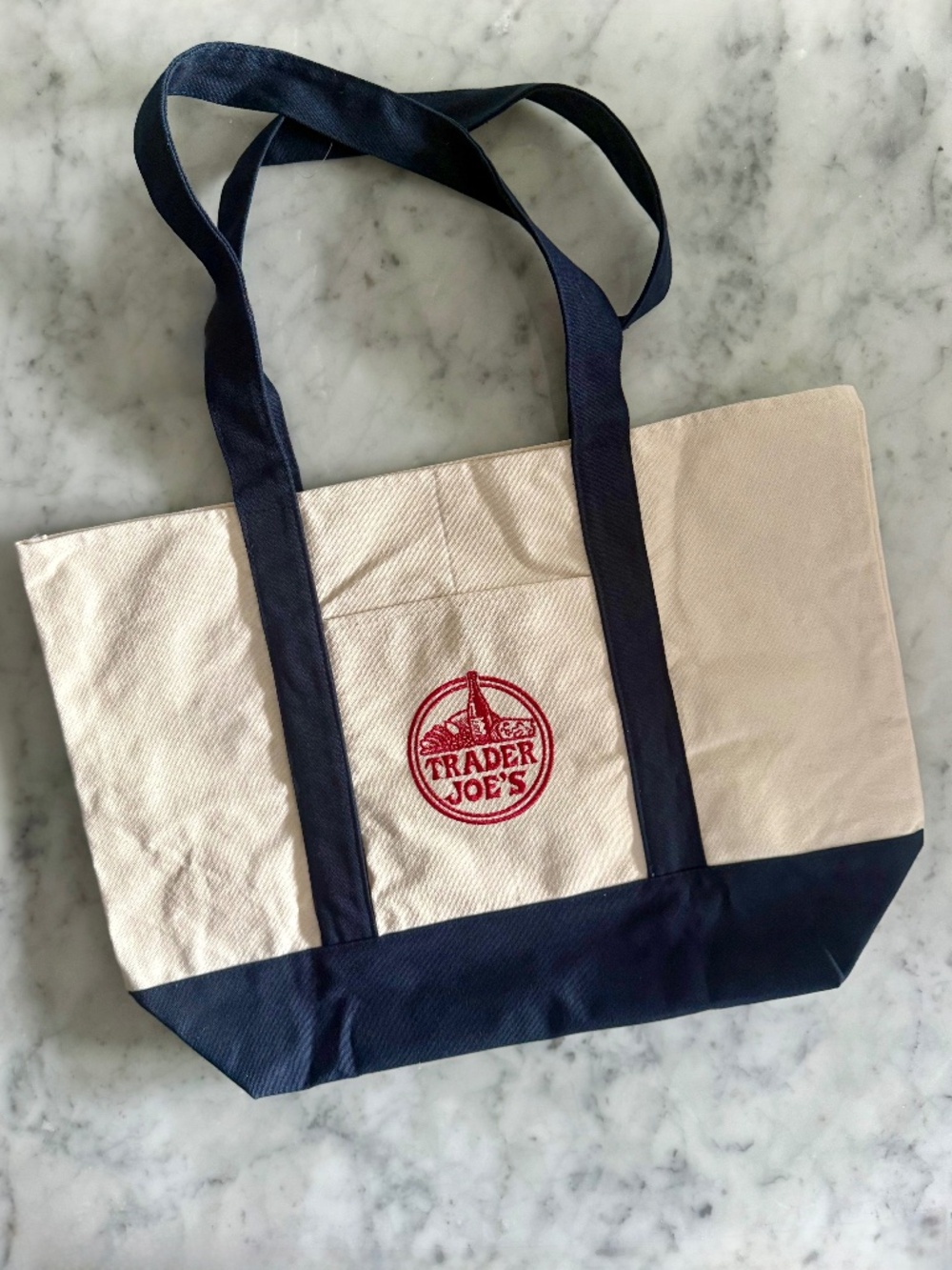 Trader Joe’s Classic Large Canvas Grocery Tote Bag Navy Cream NWOT